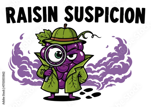 Raisin detective with magnifying glass cartoon pun