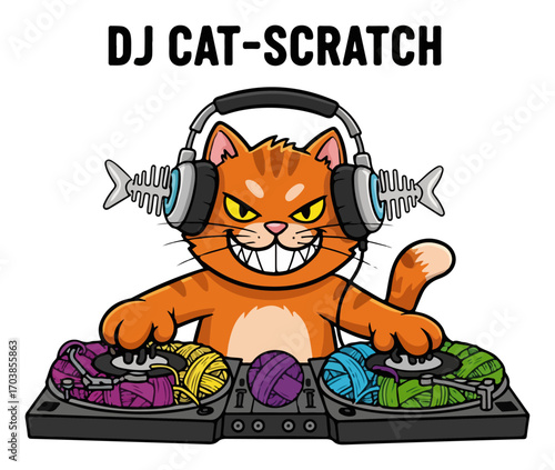 Funny cartoon cat dj scratching turntables with yarn