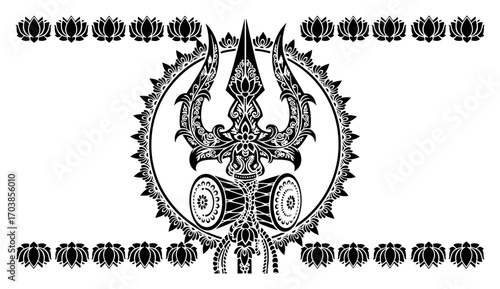 Shiva's trishula and damaru with lotus flower border