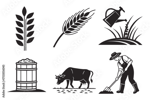 Collection of agricultural icons representing farming and livestock