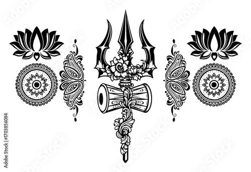 Collection of hindu spiritual symbols with trishula and lotus
