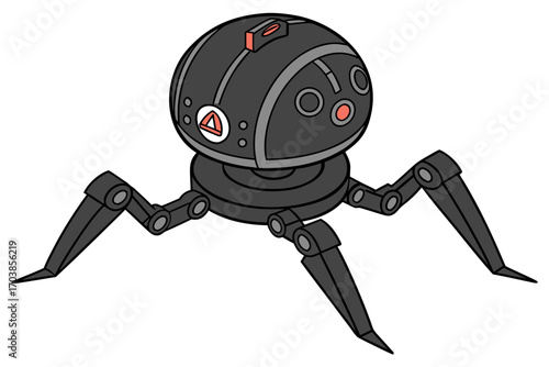 Cartoon spider robot with a spherical body and red accents