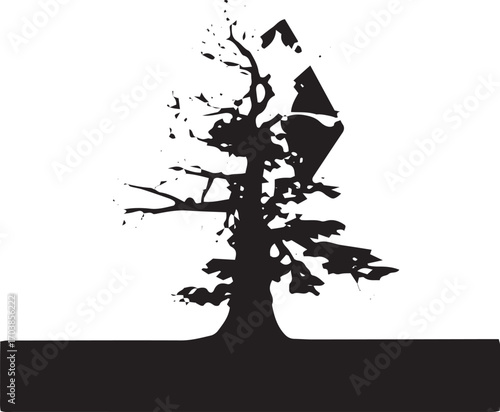 Silhouette of a stylized tree with a geometric shape at its peak and a solid base