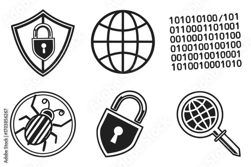 Cybersecurity icons featuring security shields locks and digital elements