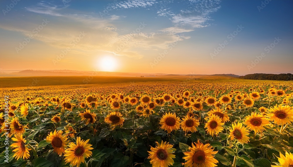 Obraz premium A Vast Open Field Of Sunflowers All Facing Toward The Rising Sun The Golden Flowers Stretch Into The Horizon Their Bright Faces Glowing In The Early Morning Light
