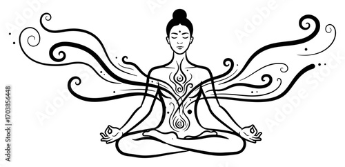 Yoga meditation woman in lotus pose with flowing lines
