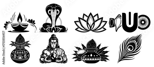 Hindu symbols set with diya lotus peacock feather tilak and kalash