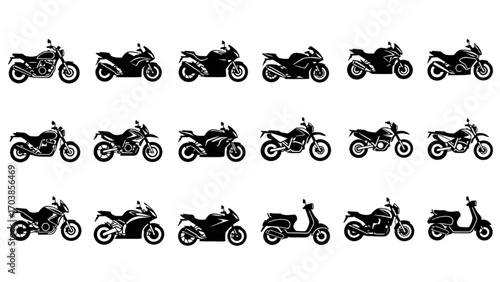 Modern Motorbike Icon Set, Black Silhouette Motorcycle Symbols, Minimalist Vector Collection