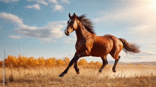 Wallpaper Mural A brown horse gallops through a golden grassland in the late afternoon sun, surrounded by vibrant autumn foliage under a clear sky. Torontodigital.ca