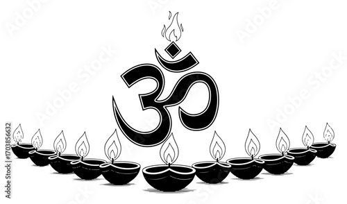 Om symbol with diya lamps for Diwali black and white vector