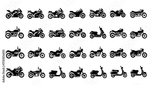 Modern Motorcycle Silhouettes, Black Motorbike Icon Set, Flat Minimalist Vehicle Vector Pack