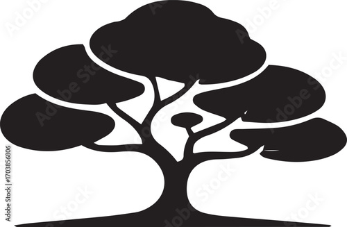 Stylized black silhouette of a mature tree with broad canopy and strong trunk minimalist nature symbol