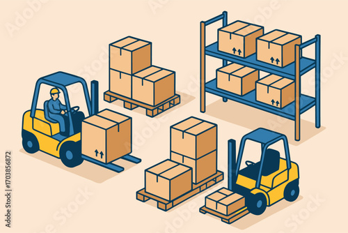 Modern warehouse scene with forklifts, operators, and stacked goods near high‑capacity shelves — great for logistics marketing, freight transport, inventory control, and industrial storage imagery.