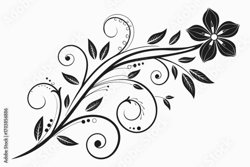 Elegant black floral swirl design with flower and leaves