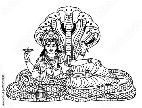 Lord Vishnu reclining on the serpent Shesha naga line drawing
