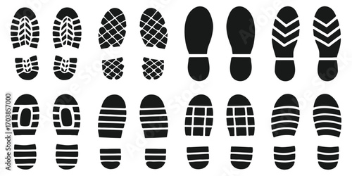 Human bare walk footprints shoes and shoe sole Kids feet vector set. Vector path icons of footprints for fitness, trekking, and navigation guides. Diverse Footprint Impressions Exploring Unique Foots