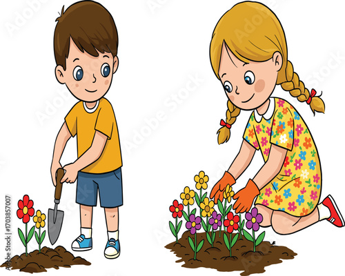 Children gardening together outdoors, planting flowers, teamwork activity, nature care, springtime illustration, happy kids, educational vector for stock content
