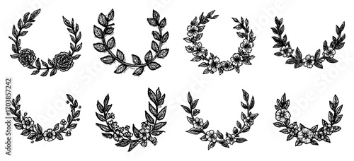Hand drawn floral wreath and laurel collection in sketch style