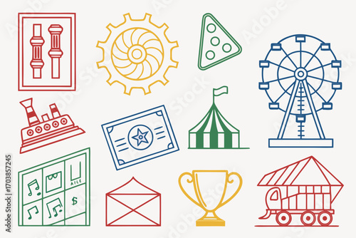 Colorful carnival and game icons on a white background