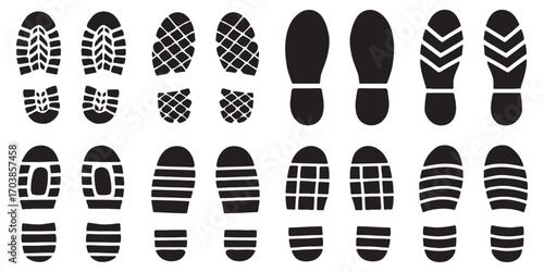 Human bare walk footprints shoes and shoe sole Kids feet vector set. Vector path icons of footprints for fitness, trekking, and navigation guides. Diverse Footprint Impressions Exploring Unique Foots