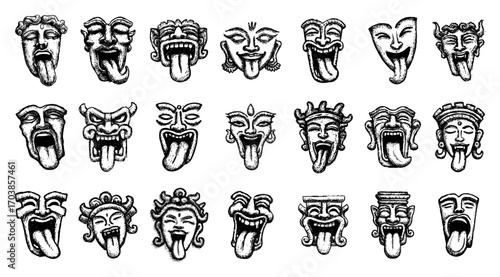 Collection of hand drawn masks with tongues out in sketch style