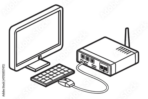 Isometric illustration of a computer monitor keyboard mouse and router