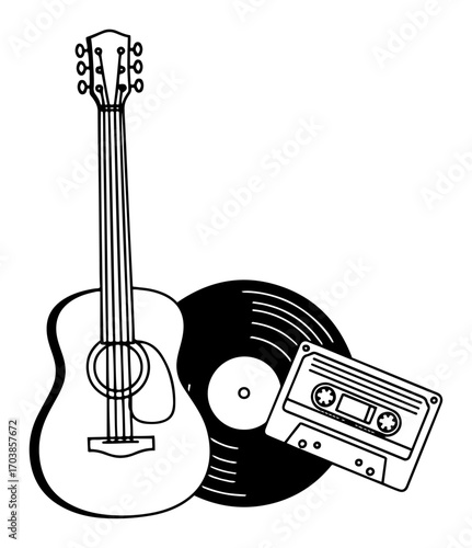 Acoustic guitar with vinyl record and cassette tape illustration