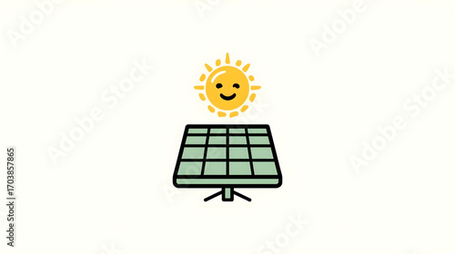 Vector illustration of a solar panel with a cute smiling sun, representing green renewable energy and sustainability