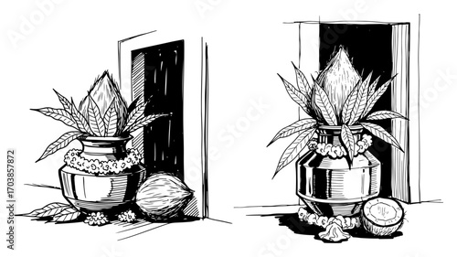 Hindu kalash pooja sketch for housewarming ceremony
