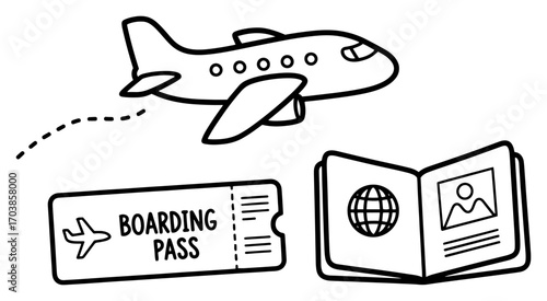 Travel doodles with airplane passport and boarding pass