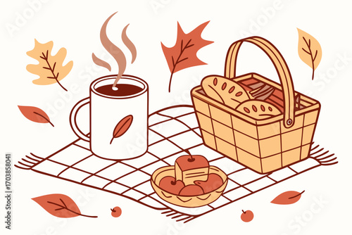 Cozy autumn picnic with hot drink and baked goods