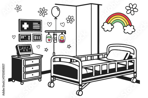 Children s hospital room coloring page with medical equipment and decorations