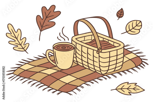 Cozy autumn picnic with hot drink and wicker basket