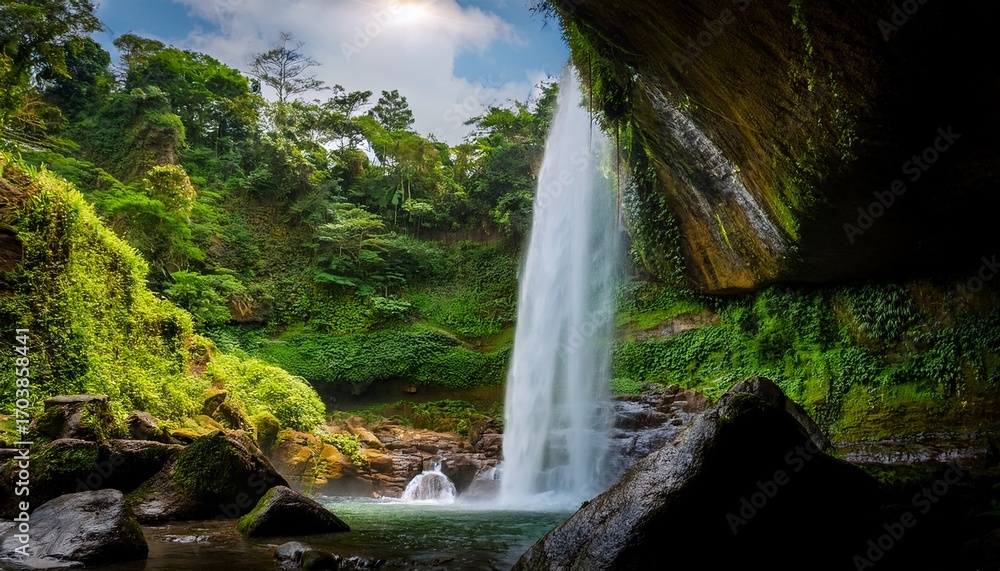 Fototapeta premium A Serene Waterfall Scene Surrounded By Lush Greenery And Rocks Under A Bright Sky