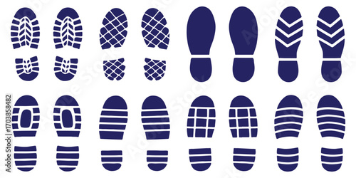 Human bare walk footprints shoes and shoe sole Kids feet vector set. Vector path icons of footprints for fitness, trekking, and navigation guides. Diverse Footprint Impressions Exploring Unique Foots