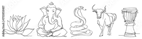 Hindu god Ganesha with sacred symbols in one line art style