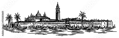Venice cityscape with gondolas in vintage sketch style