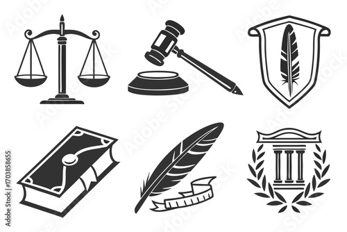 Collection of legal and justice symbols in black and white