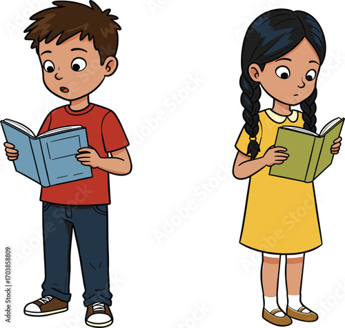 Children reading books together in a clean white background, educational activity promoting literacy, concentration, learning, and early childhood development joy