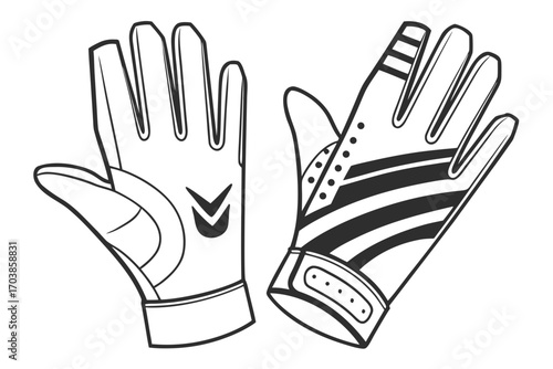 Stylized black and white drawing of two goalkeeper gloves
