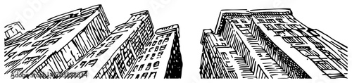 Low angle skyscrapers city buildings hand drawn sketch vector