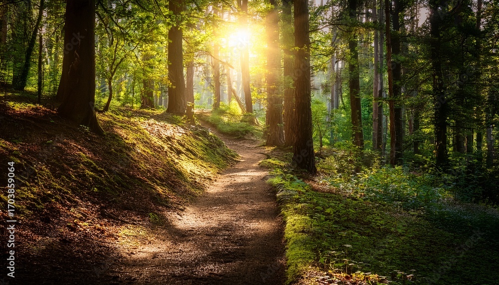 Fototapeta premium A Serene Forest Path Illuminated By Sunlight Inviting Exploration And Tranquility