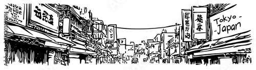 Tokyo Japan street market panorama line art vector