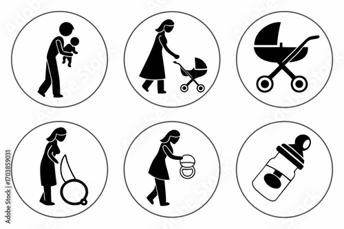 Parenting and childcare icons representing daily routines