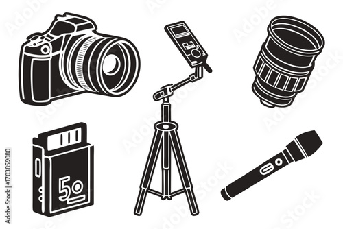 Collection of black and white photography and videography equipment icons