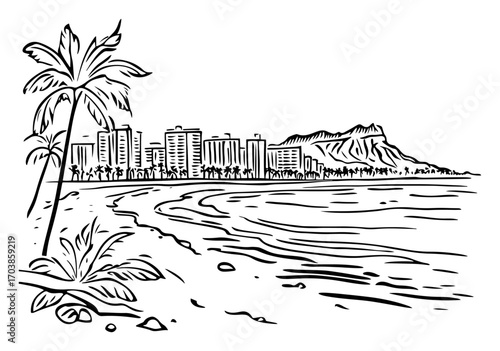 Waikiki beach and Diamond Head in Honolulu Hawaii sketch
