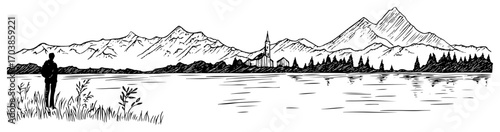 Traveler looking at a mountain lake landscape sketch