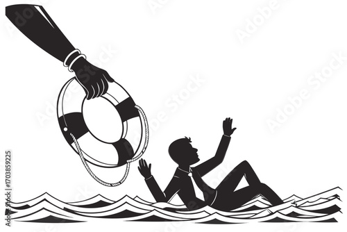 Hand offers lifesaver to businessman drowning in waves