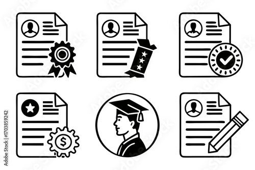 Collection of icons representing certificates diplomas and achievements