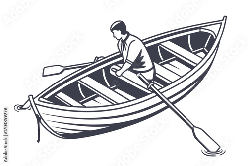 Man rowing a boat in a stylized illustration